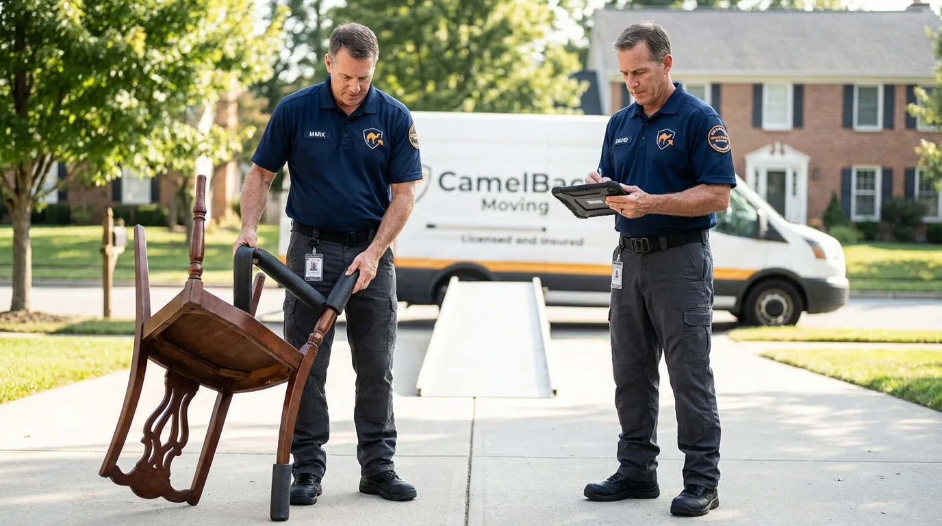 Movers inspecting furniture for damage prevention before loading in Gassville, AR