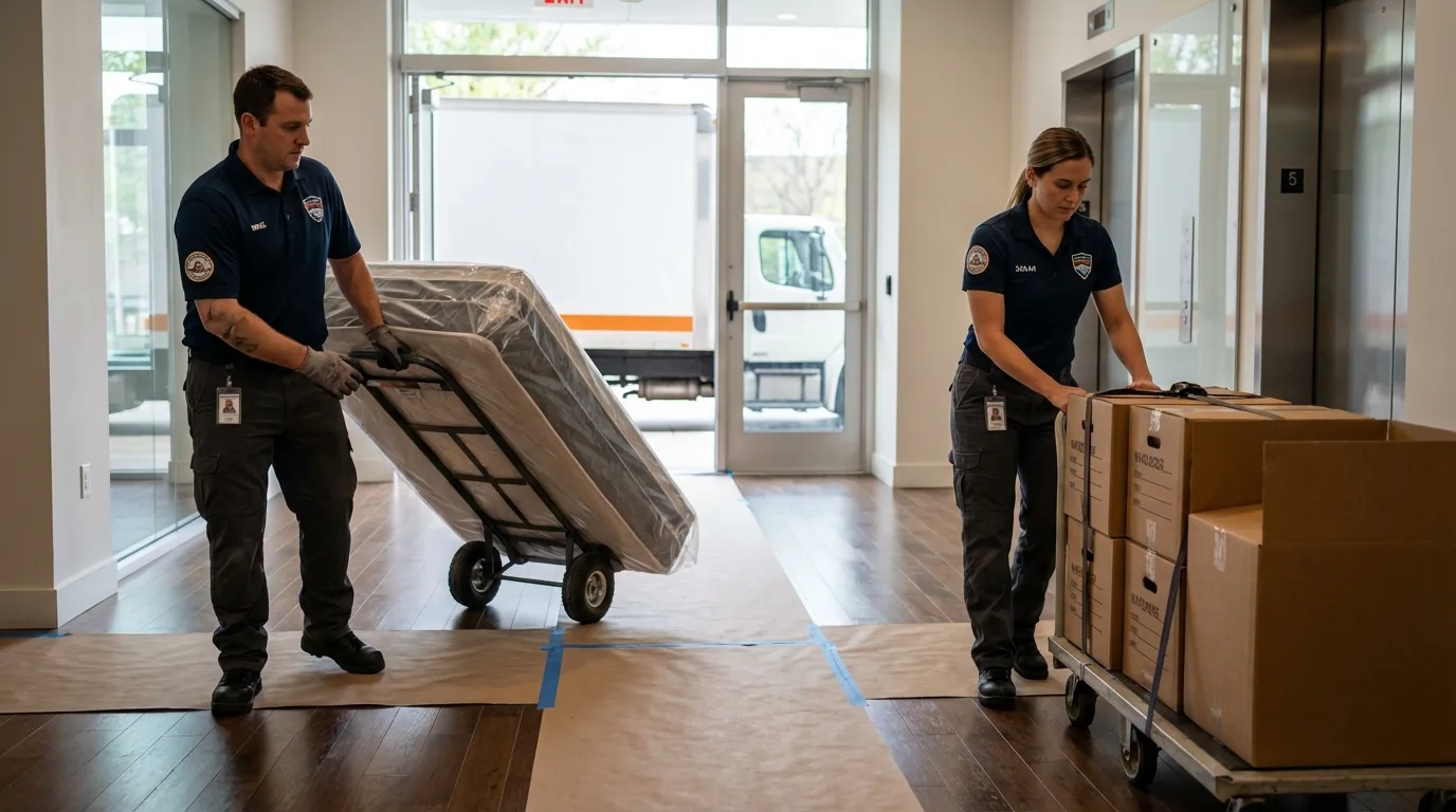 Professional apartment movers loading elevator in Gassville, AR