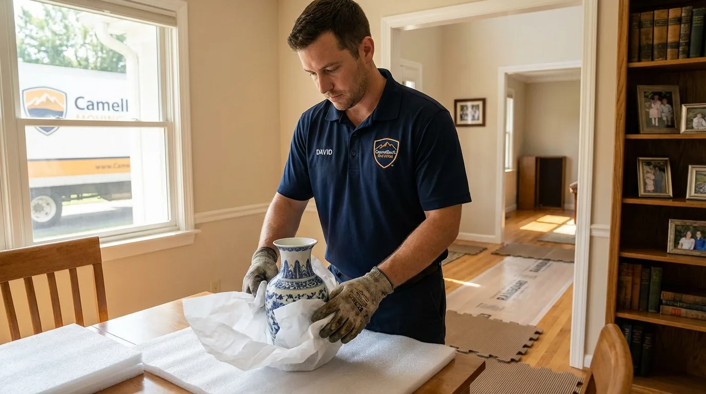 Professional crew carefully wrapping antique vase for senior downsizing move in Gassville, AR